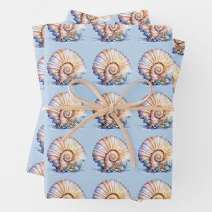 Seashell pattern blue ivory beach wedding wrapping paper sheets