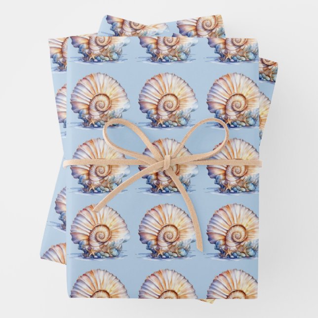 Seashell pattern blue ivory beach wedding wrapping paper sheets (In situ)