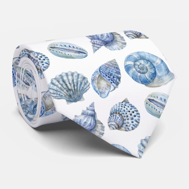 Seashell Pattern Ocean Beach Faux Silk Neck Tie (Rolled)