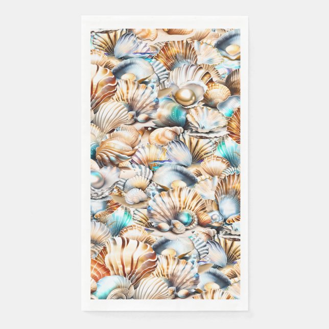 Seashell pearl diamond coastal sand collage paper guest towels (Front)