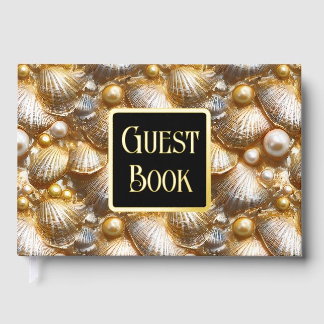 Seashell pearl real gold foil beach pattern clam  foil guest book  (Front)