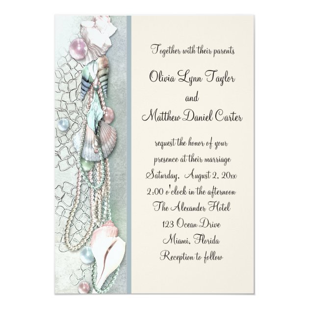 Seashell Pearls Elegant Beach Wedding Invitation