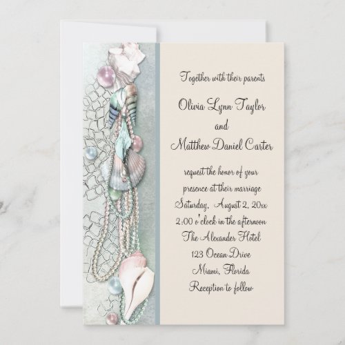 Seashell Pearls Elegant Beach Wedding Invitations