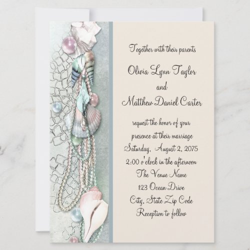 Seashell Pearls Elegant Beach Wedding Personalized Invite
