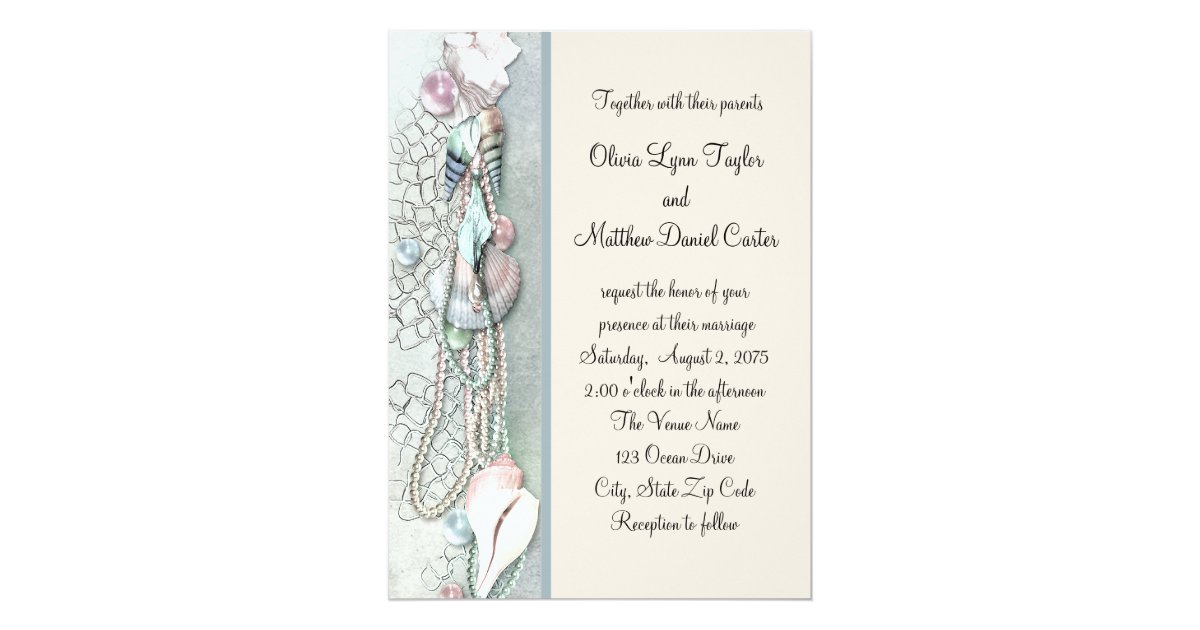 Seashell Pearls Elegant Beach Wedding Invitation Zazzle Com