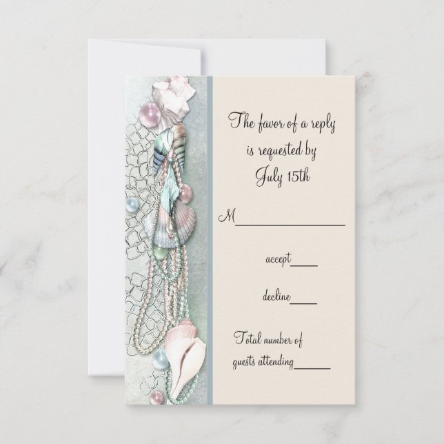 Seashell Pearls Elegant Beach Wedding RSVP Card (Front)