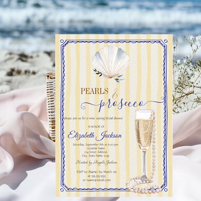 Seashell Pearls & Prosecco Yellow Striped Invitation (Creator Uploaded)