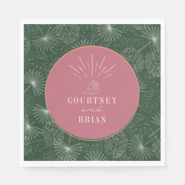 Seashell Pink & Green Palm Tropical Beach Wedding Napkins (Front)