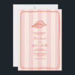 Seashell Pink Stripe Tropical Wedding Invitation<br><div class="desc">Wedding theme featuring text inside hand drawn dotted frame with seashell line drawing over light pink stripe background.</div>