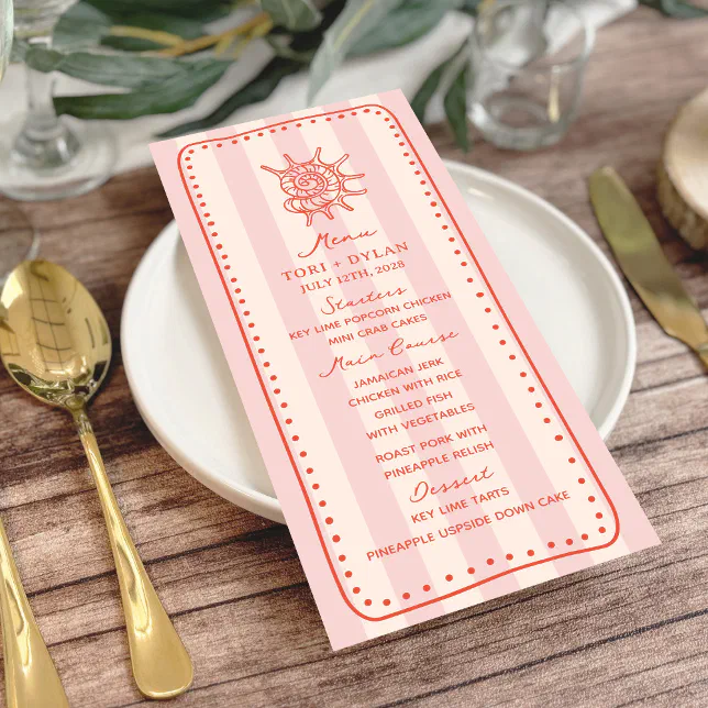 Seashell Pink Stripe Tropical Wedding Menu
