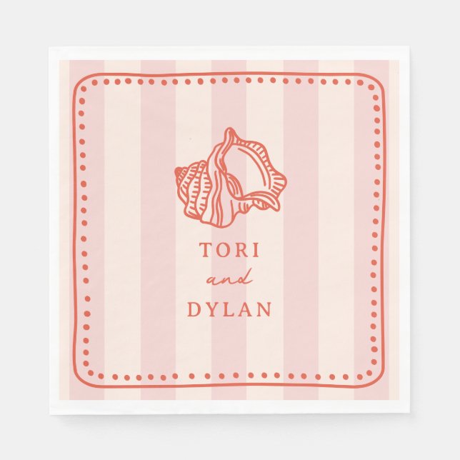 Seashell Pink Striped Tropical Beach Wedding Napkins (Front)