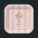 Seashell Pink Striped Tropical Beach Wedding Paper Plates<br><div class="desc">Red line art seashell illustration with red text and hand drawn dotted border over light pink stripe background.</div>