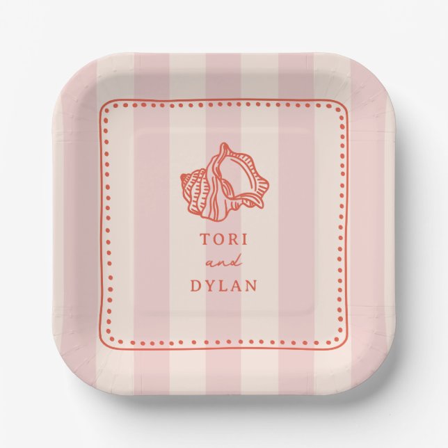 Seashell Pink Striped Tropical Beach Wedding Paper Plates (Front)