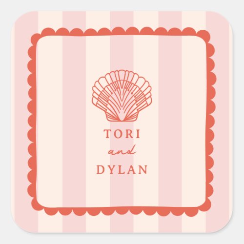 Seashell Pink Striped Tropical Beach Wedding Square Sticker