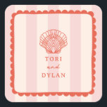 Seashell Pink Striped Tropical Beach Wedding Square Sticker<br><div class="desc">Red line art scallop seashell illustration with red text and hand drawn scalloped border over light pink stripe background.</div>
