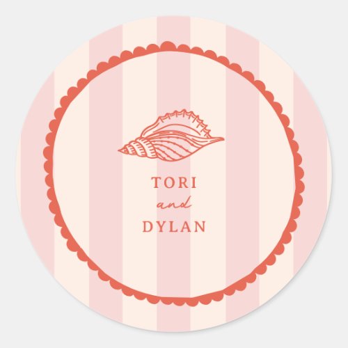 Seashell Pink Tropical Stripe Wedding Classic Round Sticker