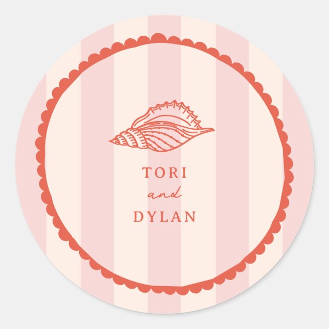 Seashell Pink Tropical Stripe Wedding Classic Round Sticker (Front)