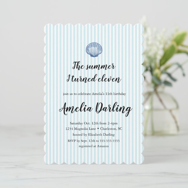 Seashell Preppy Blue Stripe Summer I turned Eleven Invitation (Standing Front)