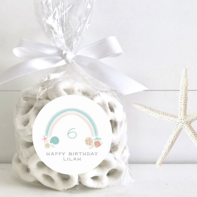 Seashell Rainbow Nautical Birthday Party Classic Round Sticker (Creator Uploaded)