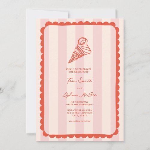 Seashell Scalloped Pink Stripe Tropical Wedding Invitation