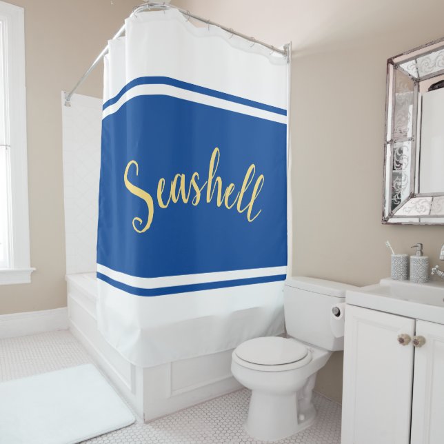 SEASHELL Script Royal Blue White Racing Stripes Shower Curtain (In Situ)