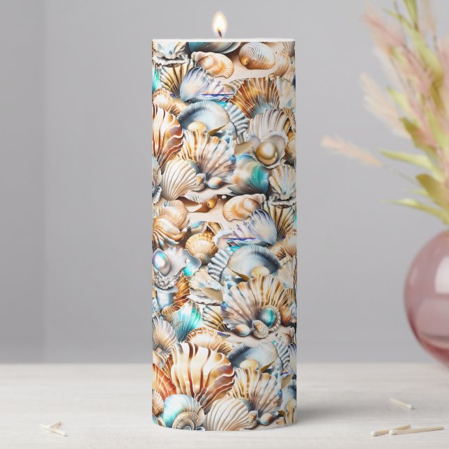 Seashell sea sand shell collage pattern chic pillar candle (In Situ)