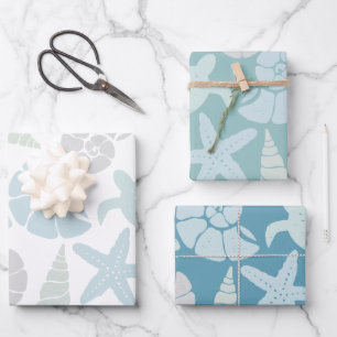 Seashell & Sea Turtle Pattern Wrapping Paper Sheets