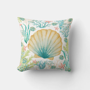 Seashell Seaweed Coral Fish Throw Pillow