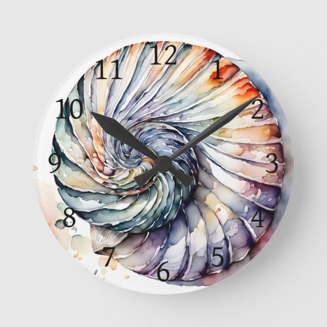 Seashell Shell Nautilus Design 357 Watercolor Round Clock (Front)