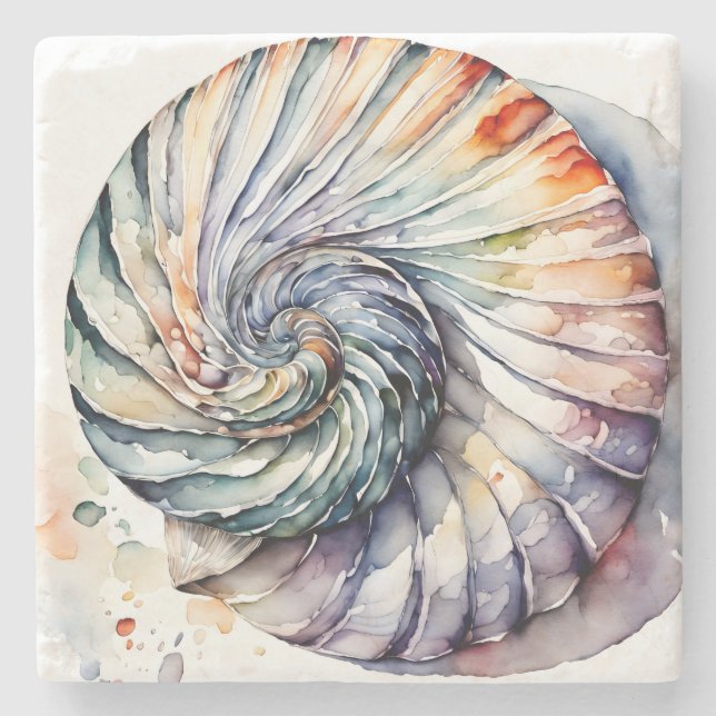 Seashell Shell Nautilus Design 357 Watercolor Stone Coaster (Front)