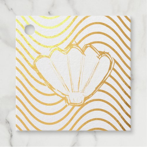 Seashell Sketch And Wave Pattern Foil Favor Tags