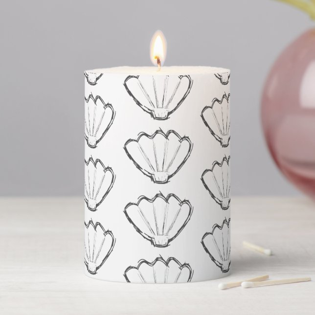 Seashell Sketch Drawing Pattern Pillar Candle (In Situ)