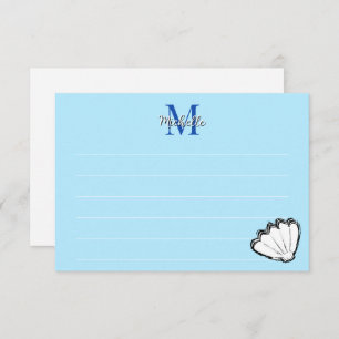 Seashell Sketch White And Blue Lined Monogram Note Card