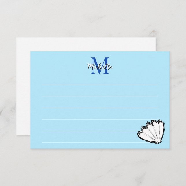 Seashell Sketch White And Blue Lined Monogram Note Card (Front/Back)