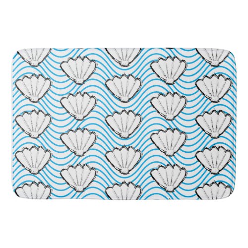 Seashell Sketch White And Blue Wave Patterns Bath Mat
