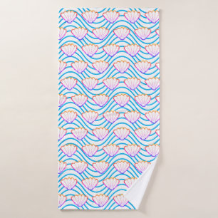 Seashell Sketch White And Blue Wave Patterns Bath Towel