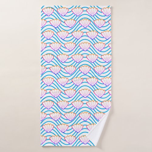 Seashell Sketch White And Blue Wave Patterns Bath Towel