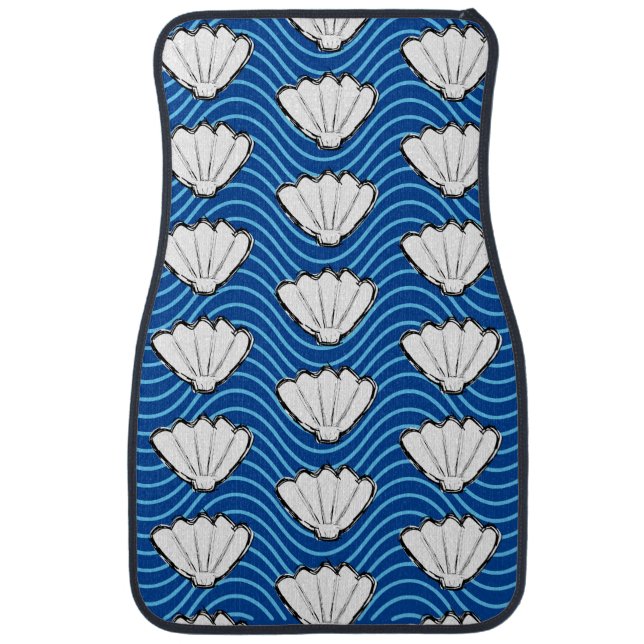 Seashell Sketch White And Blue Wave Patterns Car Floor Mat (Front)