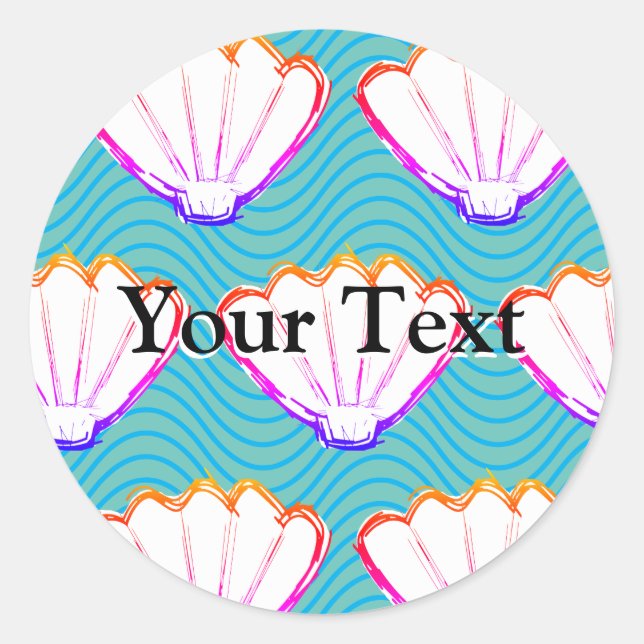 Seashell Sketch White And Blue Wave Patterns Classic Round Sticker (Front)