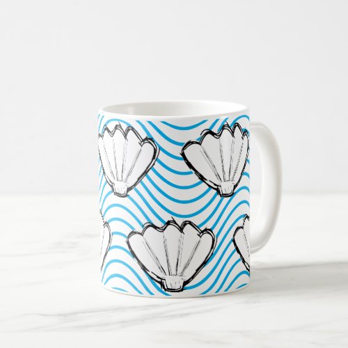 Seashell Sketch White And Blue Wave Patterns Coffee Mug