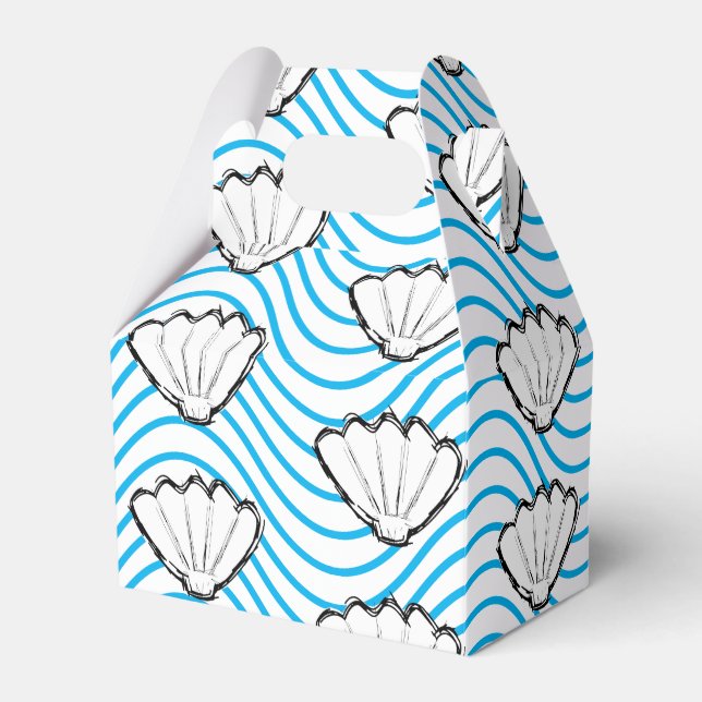 Seashell Sketch White And Blue Wave Patterns Favor Boxes (Front Side)