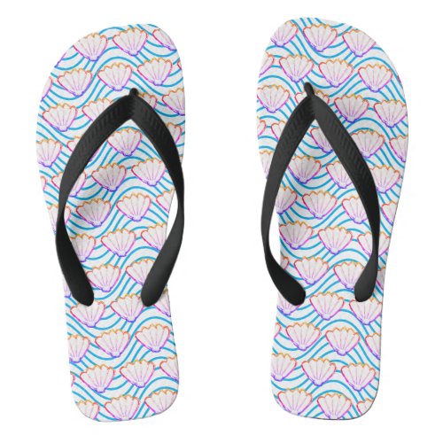 Seashell Sketch White And Blue Wave Patterns Flip Flops