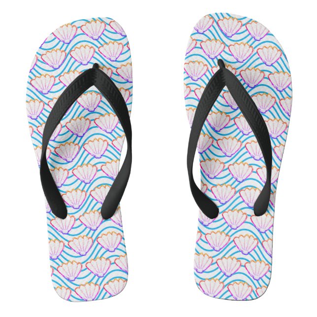 Seashell Sketch White And Blue Wave Patterns Flip Flops (Footbed)