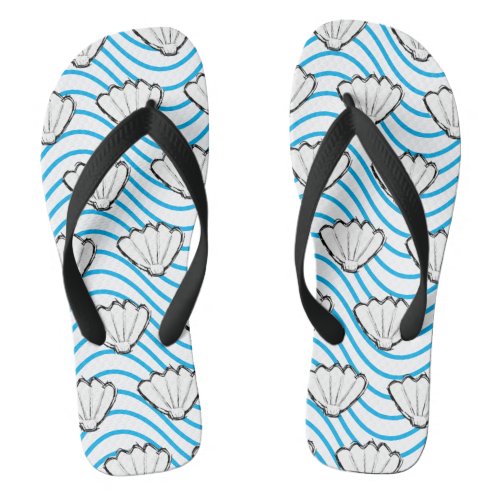 Seashell Sketch White And Blue Wave Patterns Flip Flops