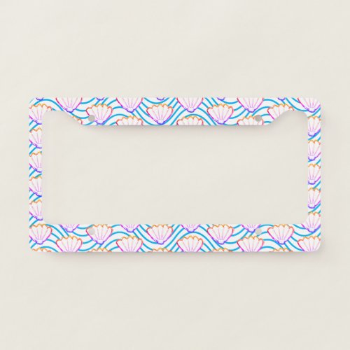 Seashell Sketch White And Blue Wave Patterns License Plate Frame