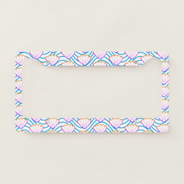 Seashell Sketch White And Blue Wave Patterns License Plate Frame (Front)