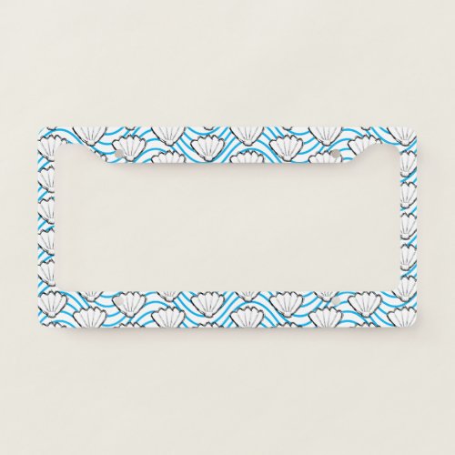 Seashell Sketch White And Blue Wave Patterns License Plate Frame