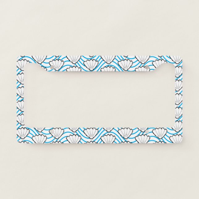 Seashell Sketch White And Blue Wave Patterns License Plate Frame (Front)