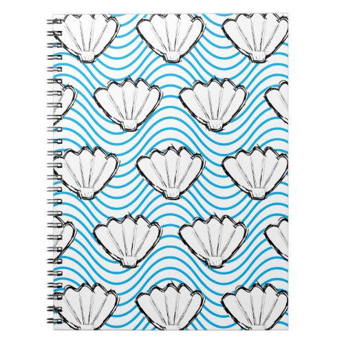 Seashell Sketch White And Blue Wave Patterns Notebook