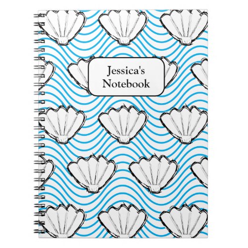Seashell Sketch White And Blue Wave Patterns Notebook